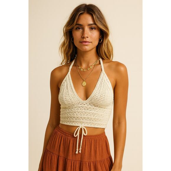 Boho Crochet Halter Top Cream Lace Up Backless Y2K Inspired Size L - Picture 1 of 6